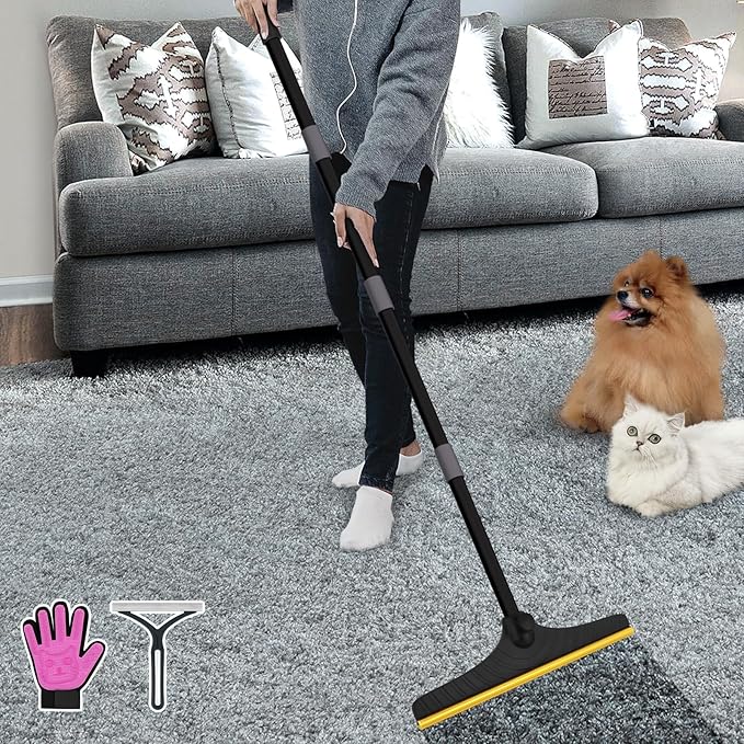 B-Land Carpet Rake for Pet Hair Removal, Reusable Pet Hair Remover with 60” Adjustable Long Handle, Carpet Scraper Dog Cat Hair Remover Tool for Rugs, Mats, Couch, Furniture-Black Pole