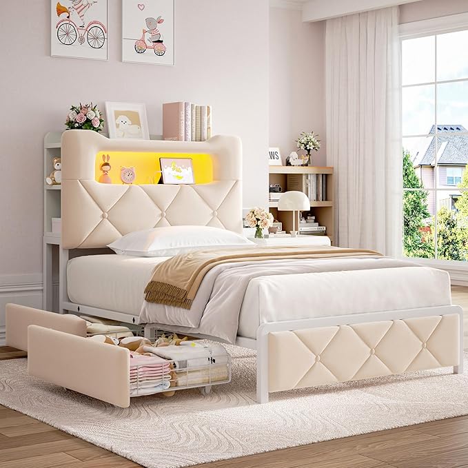 Twin Upholstered LED Bed Frame with 2 Storage Drawers and 2-Tier Storage Bookcase Headboard, Velvet Princess Platform Bed for Kids/Girls/Boys, Heavy Duty Metal Support, No Box Spring Needed, Beige