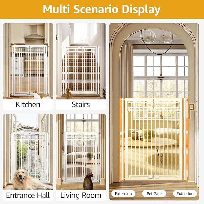 78.8" Extra Tall Cat Gate, 28.3-33" Wide Dog Door, Pressure Mounted Easy Walk Through Safety Metal Pet Gate for Doorway, No Drilling Cat Proof Gate (White)