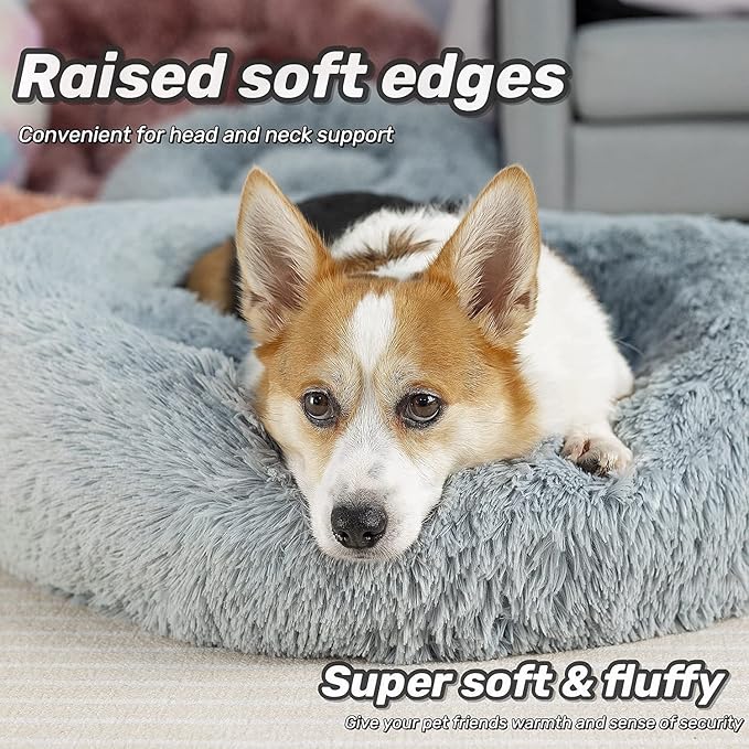 Anti Anxiety Round Fluffy Plush Faux Fur Warm Washable Dog Bed & Cat Bed, Original Bed for Small Medium Large Pets,Used to Relieve Joints and Improve Sleep(20"/24"/27'') (27", Light Grey)