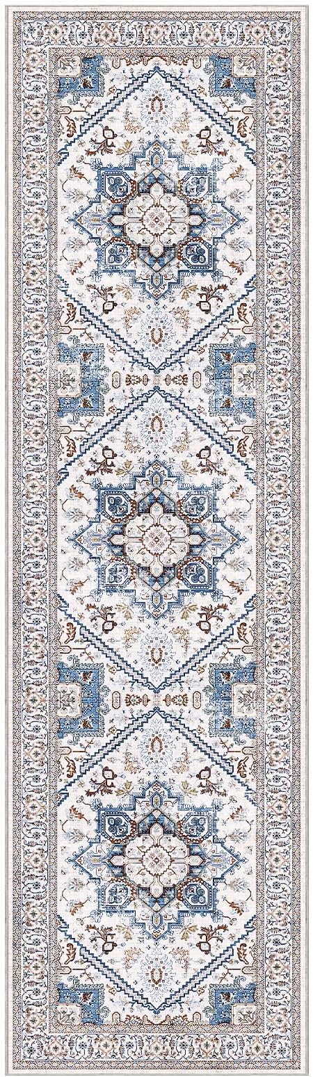 OPPODREAM Thin Entryway Rug 2x8, 2x8 Rug Runner, Neutral Washable Hallways Carpet 2 x 8 with Non Slip Backing, Low-Pile Bedside Carpet 2 x 8, Long, Faux Cashmere, Cream White & Blue & Light Brown