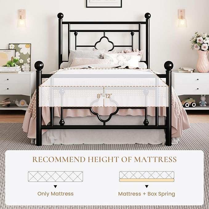 SHA CERLIN 14 Inches Twin Size Metal Platform Bed Frame/Vintage Iron-Art Headboard and Footboard/Mattress Foundation for Storage/No Box Spring Needed/Noise-Free/Easy Assembly/Black