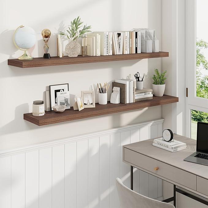 Fun Memories 55 Inch Fireplace Mantel Shelf -Long Floating Shelves, Deep Wall Mounted Farmhouse Display Shelves with Invisible Heavy Duty Metal Bracket, Walnut, 2 Pack