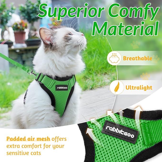 rabbitgoo Cat Harness and Leash for Walking, Escape Proof Soft Adjustable Vest Harnesses for Cats, Easy Control Breathable Reflective Strips Jacket, Grass Green, XXS