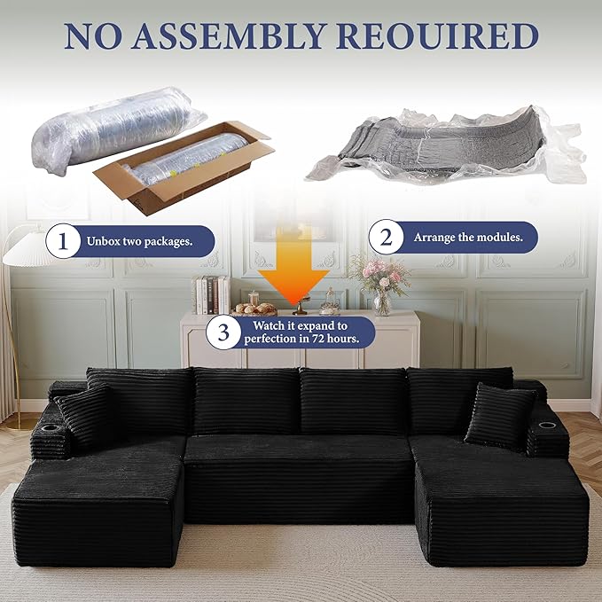 133" Couches for Living Room Deep-Seat Sectional Couch for Living Room Corduroy Boneless Couchs U-Shape Cloud Couch Flexible Modular Sectional Sofa with Chaise Lounge (Black, with Cup Holder)