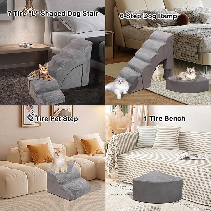 30D Foam Dog Stairs & Steps Ramps for High Beds 26-30 inches Tall, Sturdy Pet Stairs for Small Cats, LitaiL 6 Steps Pet Stairs Steps for Dog Get On Bed, Non-Slip Dogs Ramps for Older Cat
