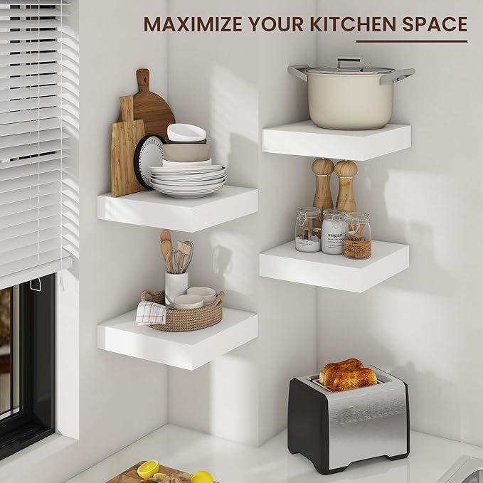 Square Floating Shelves for Wall, 12" W x 12" D x 2" H, 2 Pack of Small Wall Mounted Engineered Wood Shelves with Invisible Brackets for Living Room, Bedroom, Bathroom, Kitchen Decor, White