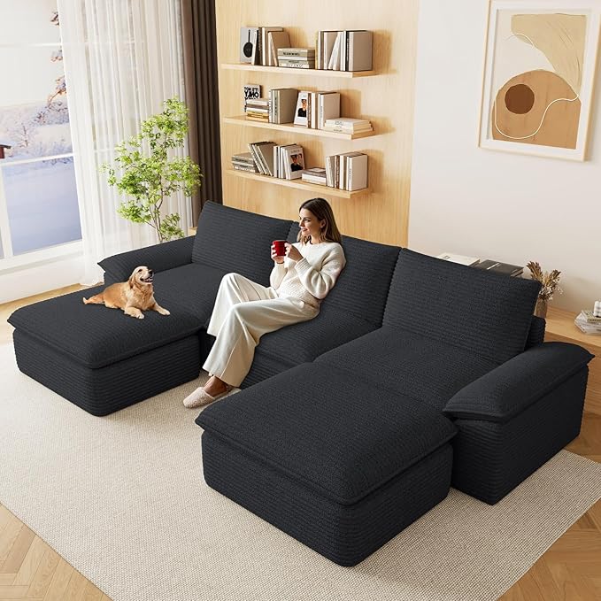 113.03" Sectional Couches for Living Room Modern Modular Sofa with U-Shape Couchs Upholstered Corduroy Boneless Couch Deep Seat Cloud Couch with Ottoman, No Assembly Required, Black