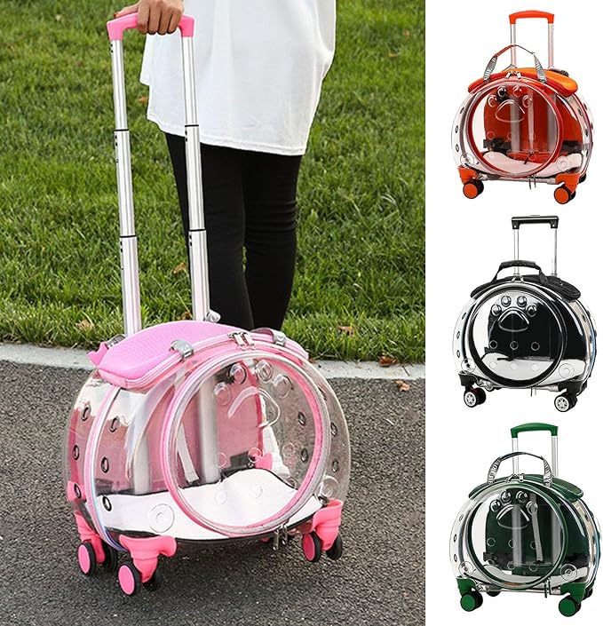 Pet Trolley Case with Ventilation Holes, Pet Carrier,Rolling Carrier,Clear Window Trolley Case,Strollers for Small Dogs,Cat Carrier with Silent Wheels Telescopic for Travel Orange