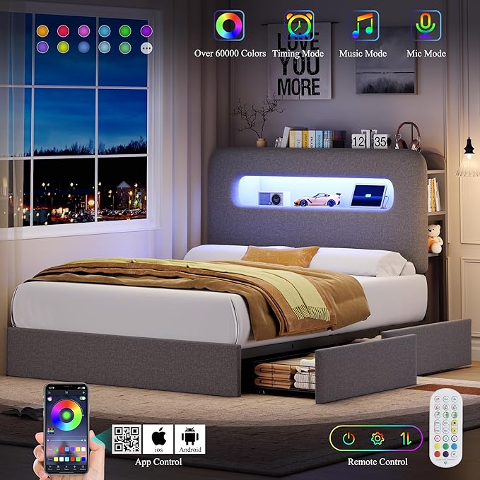 HOSTACK Queen LED Bed Frame with Storage Headboard and Charging Station, Boys Bed Frame with 2 Drawers and USB Ports, Velvet Upholstered Platform Bed Frame with Bookcase, No Box Spring Needed, Grey