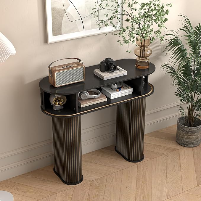 Round Console Table, Mid Century Modern Console Table, Sofa Table, Narrow Entryway Table for Hallway Living Room (Black)