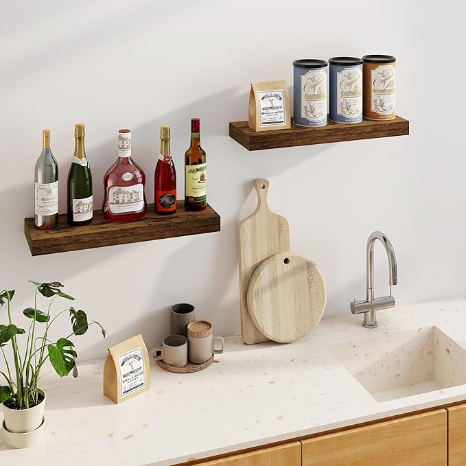 Fun Memories Floating Shelves for Wall, 24Inch Floating Shelves Set of 2, Hanging Shelf with Invisible Brackets, Wood Shelves for Living Room, Bedroom, Kitchen, Brown