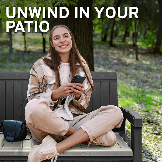 EconoHome 2 Seat Outdoor Storage Bench with Rain Cover - 60 Gallon Capacity - Weatherproof Resin Bench for Patio, Porch, Garden, Yard, Pool Area - Furniture for Pool Accessories, Gardening Tools