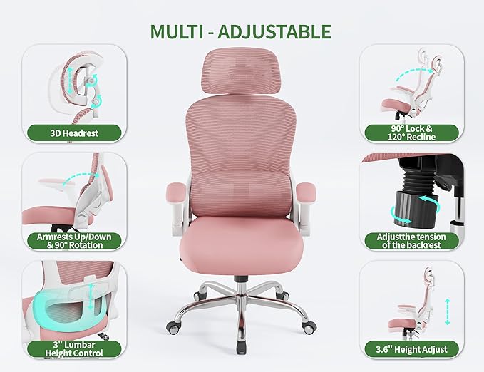 Office Chair Ergonomic Desk Chair, 4000 LBS Home Mesh Office Desk Chairs with Wheels, Computer Chair, Comfortable Gaming Chair with 3D Headrest, High Back Office Chair for Long Hours (Pink)