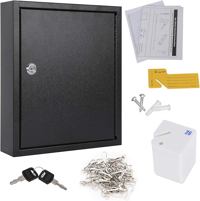 KYODOLED Key Storage Lock Box with Key, Locking Key Cabinet, 60 Key Management Wall Mount with Key Lock, Key Hooks & Tags Key Labels, 2.5" D x 10.2" W x 12.1" H (Black,60 Key)