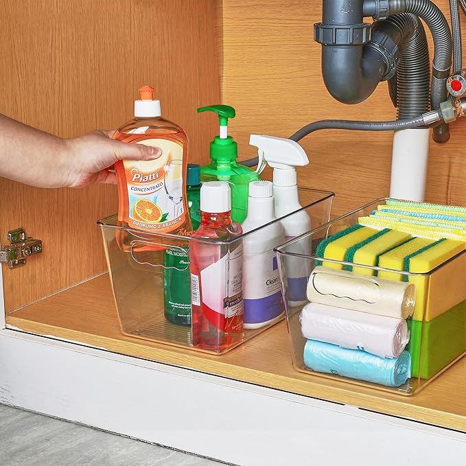 Vtopmart Clear Plastic Pantry Organizer Bins, 4 PCS Food Storage Bins with Handle for Refrigerator, Fridge, Cabinet, Kitchen, Countertops, Cupboard, Freezer Organization and Storage, BPA Free, Large