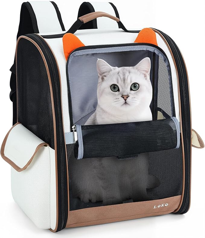 Lekereise Cat Backpack Carrier, Pet Carrier Backpack Airline Approved for Small Dogs Medium Cats Fit Up to 18 Lbs, Dogs Foldable Backpack Carrier for Travel, Hiking, Beige-Orange Ears