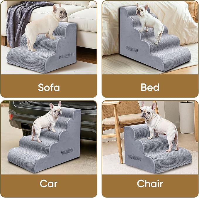 PAWSCART Dog Stairs for Small Dogs and Cats, 4-Step Dog Steps for Bed, 19.6" H Pet Stairs for High Bed, Pet Ramp for Couch, Sofa, Non-Slip Surface Removable Washable Cover, LightGrey