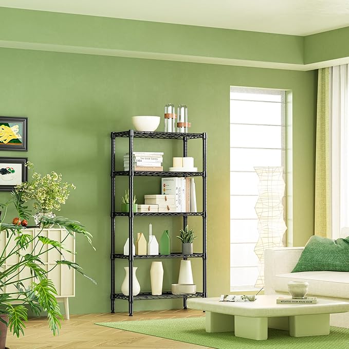 IZEUK 5-Tier Black Metal Storage Shelves, Heavy Duty Wire Shelving Unit for Home, Kitchen, Office, or Garage Organization, 1250 lbs Capacity, 13.8" D x 29.5" W x 59.5" H