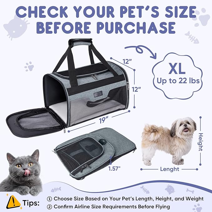 BALEINE Cat Carrier, Puppy Dog Carrier for Small Medium Pets Up to 22 Lbs, Soft-Sided Dog Travel Bag with Safety Zippers, Collapsible Pet Carrying Case (Gray, XL, 19"x12"x12")