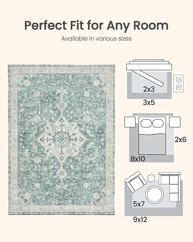 Amada 5x7 Area Rugs, Non-Slip Washable Rug with Low Profile, Durable Bound Edge, Soft Vintage Rug for Living Room, Bedroom, Dinning Room, Home Office