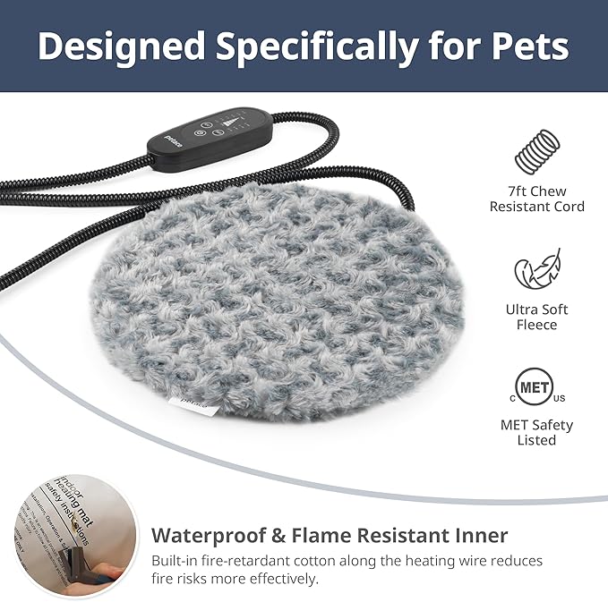 Adjustable Temperature Heated Cat Bed & Dog Heating Pad with Timer, Chew-Resistant Cord, Thick and Soft Cover, Indoor Pet Heating Pad, Round 11.8"