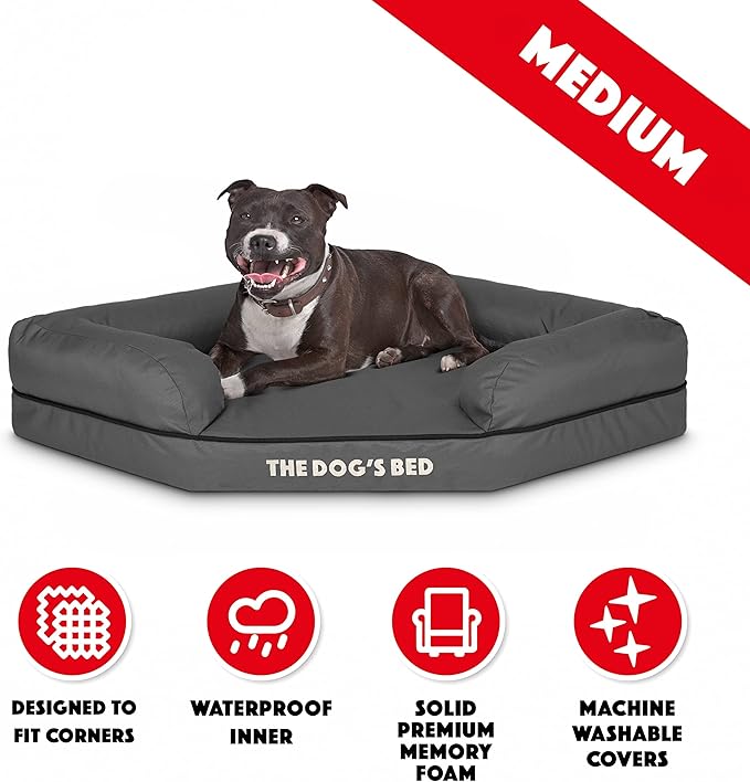The Dog’s Bed Memory Foam Waterproof Corner Dog Bed, Medium, Grey & Black Trim, Eases Arthritis & Hip Dysplasia Pain, Therapeutic & Supportive, Washable Oxford Fabric Cover