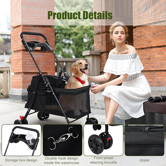 Pet Stroller, Dog Stroller for Small and Medium Dogs Cats with 360° Wheels, Folding Puppy Strollers with Dual Brake, Large Storage Basket, Breathable Mesh, Cup Holder, Removable Top (Navy Blue)