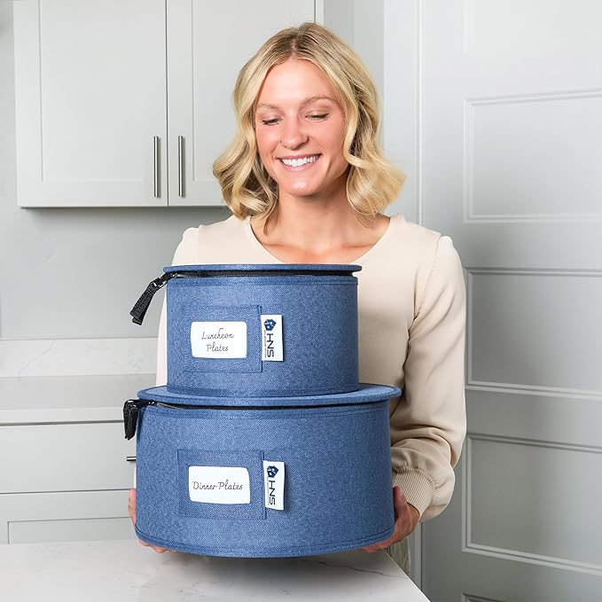 Hard Shell China Storage Containers 12-Piece Set Moving Boxes for Dinnerware, Glasses, Plates, Mugs and Saucers Sturdy Dish Organizer with Dividers for Seasonal Storage - Service for 12 - Denim Blue