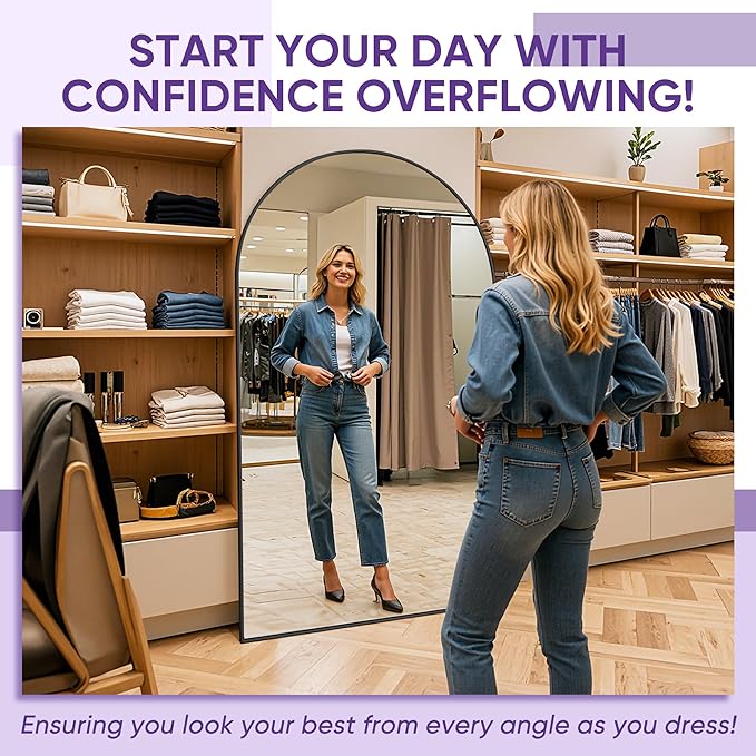 Full Length Mirror, 86"x46" Arched Floor Mirror Freestanding, Floor Standing Full Body Mirror with Stand for Bedroom, Hanging Mounted for Living Room Cloakroom, Black