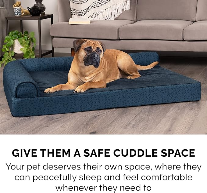 Furhaven Orthopedic Dog Bed for Medium/Small Dogs w/ Removable Bolsters & Washable Cover, For Dogs Up to 35 lbs - Plush & Almond Print L Shaped Chaise - Blue Almonds, Medium