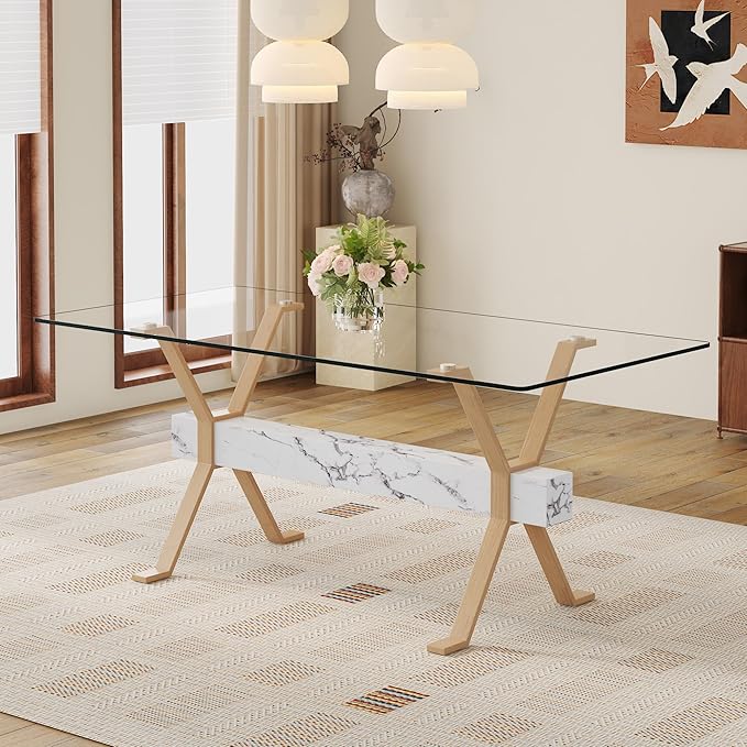 Glass Dining Table 71"|Modern Dining Table for 6-8|0.4" Thick Tempered Glass Top|Wood Pattern Metal Legs|Marble Crossbar|Easy Assembly|Perfect for Dining Room or Kitchen