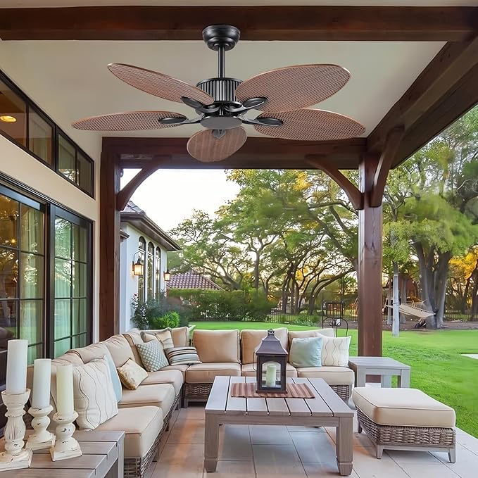 50 Inch Tropical Ceiling Fan no Light, Outdoor Waterproof Palm Leaf Ceiling Fans for Patios Porches, Remote +APP Control, Wet Rated, 6 Speeds, Quiet, Brown
