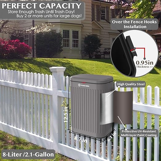 PAWZIDEA Dog Poop Trash Can Outside Wall Mount Odor Control, 2.1 Gallon Small Dog Poop Can Outdoor with Lid No Smell, Hang on Fence, Garbage, Backyard, Dog Waste Can Container, Activated Carbon Filter