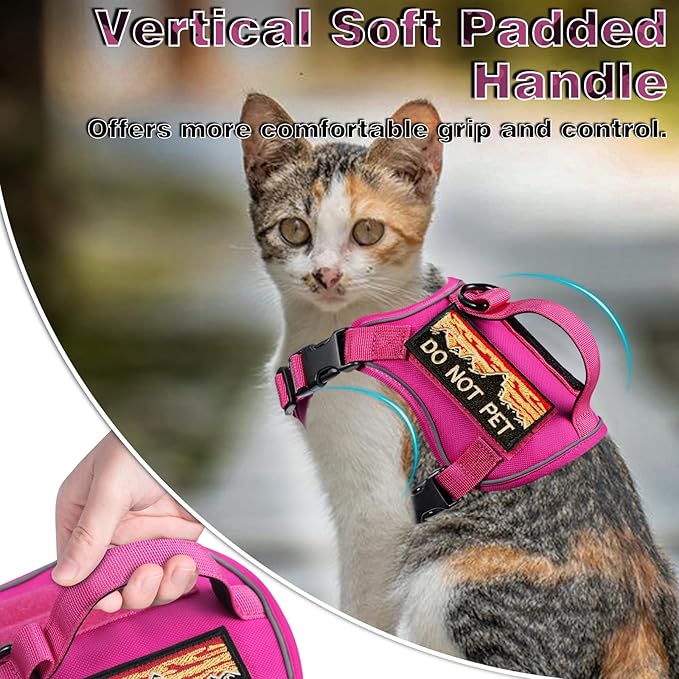 Tactical Cat Harness for Walking, Adjustable Escape Proof Pet Vest for Large Cat,Easy Control Breathable Cat Vest with Handle,Molle Patches (Pink+Leash, L)