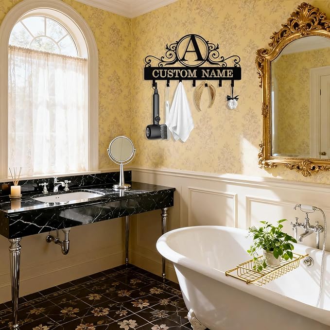 Personalized Key Holder Wall Mount, Custom Metal Keys Hanger for Wall with Name, Name Background Letter Theme Key Rack Holder with Hooks for Home, Entryway, Front Door, Living Room, Kitchen, Bathroom