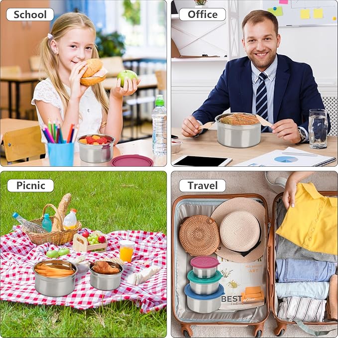 304 Stainless Steel Snack Containers, 3pcs Food Storage Containers with Leakproof Silicone Lids Lunch Box Dressing Containers for Condiments Dishwasher & Freezer Safe