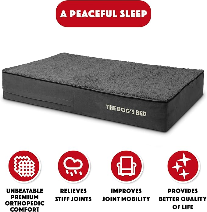 The Dog’s Bed Orthopedic Memory Foam Dog Bed, Large Grey Plush 40x25, Pain Relief for Arthritis, Hip & Elbow Dysplasia, Post Surgery, Lameness, Supportive, Calming, Waterproof Washable Cover
