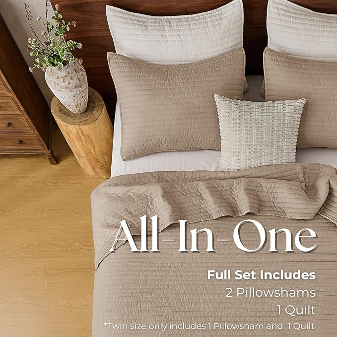 DOWN HOME Twin Quilt Bedding Set with Sham, Vintage Washed Soft Quilted Blanket Thin Comforter Lightweight Bedspread Coverlet Bed Cover, Brushed Microfiber Stripe Stitching, Brown, 66"x92"