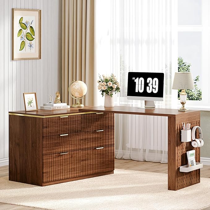 L Shaped Standing Desk,47" Home Office Desks, Executive, Farmhouse Computer Desk with 6 Drawers File Drawer, Rustic Computer Writing, Walnut