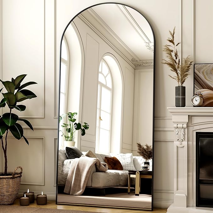 78"x38" Arched Full Length Mirror Floor Mirrors with Aluminum Alloy Frame Free-Standing Wall Mounted Floor Mirrors or Large Dressing Mirror, Black Mirror Full Length