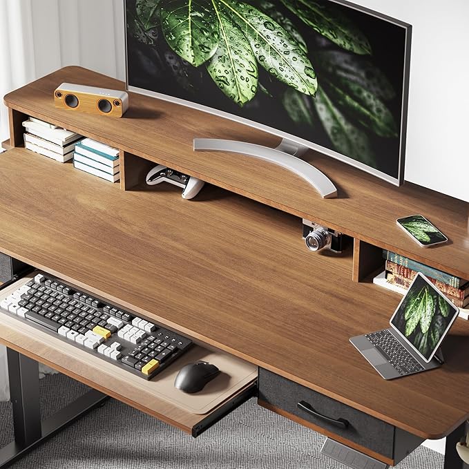 55 Inches Electric Standing Desk with Keyboard Tray, Height Adjustable Sit to Stand Table with 2 Drawers, Ergonomic Home Office Desk with Storage Shelf, Computer Table, Black Walnut