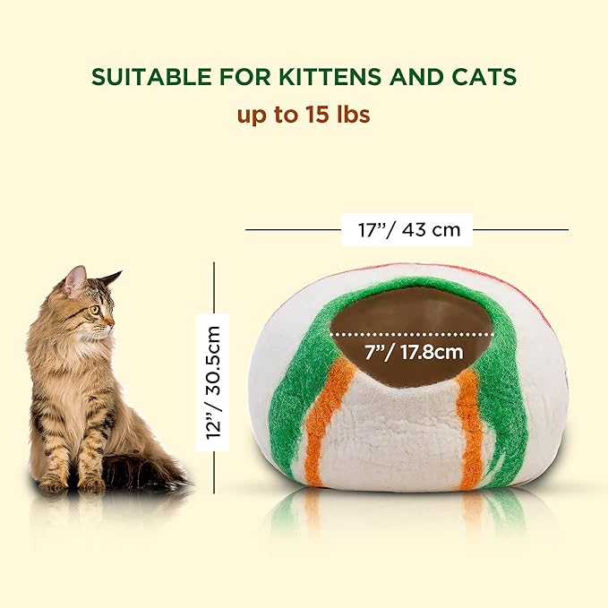 Woolygon Premium Felt Cat Cave Bed β Wool Kitty Beds Handcrafted Kitten Caves Bed for Indoor Cats - Made from 100% Eco-Friendly Merino Wool, Foldable Cat Hidewawy Covered Cat House Pod (Candy Swirl)