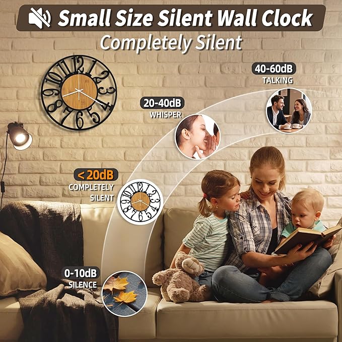 Maxstar Wall Clock Battery Operated,Silent Non-Ticking Modern Rustic Metal Round Clocks Small for Living Room/Bedroom/Office/Kitchen/Farmhouse Home Decor-14 Inch(Yellow-Wood)