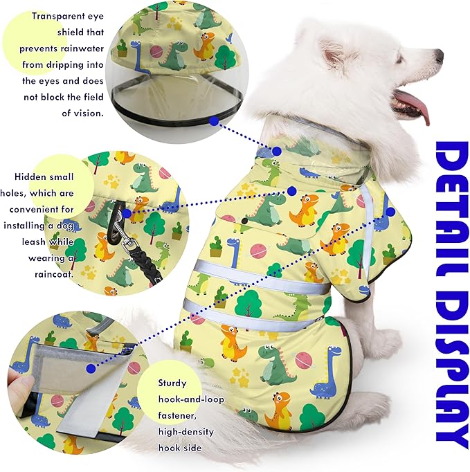 Dog Raincoat, Adjustable Dog Rain Jacket with Clear Hooded Double Layer for Large Medium Small Dogs Puppies, Waterproof Rain Coat Poncho Dinosaurs, Yellow-M