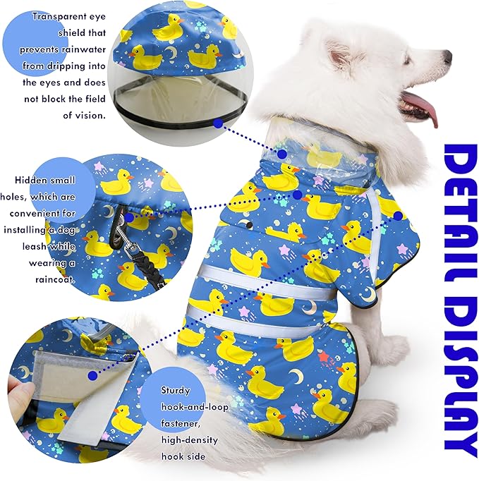 Dog Raincoat, Adjustable Dog Rain Jacket with Clear Hooded Double Layer for Large Medium Small Dogs Puppies, Waterproof Rain Coat Poncho Duck, Blue-XXL