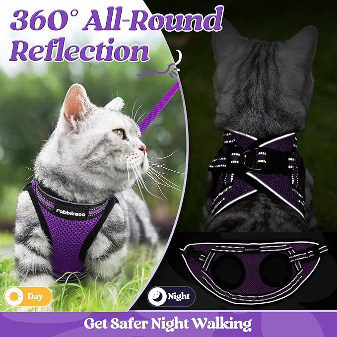 rabbitgoo Cat Harness and Leash Set for Walking Escape Proof, Adjustable Soft Kittens Vest with Reflective Strip for Cats, Comfortable Outdoor Vest, Purple, XL