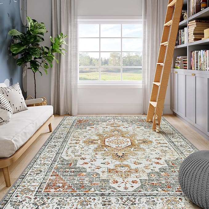 Moynesa Living Room Area Rug 9x12, Ultra-Thin Washable Large Rugs for Bedroom Under Dining Room Table, Vintage Oriental Medallion Printed Low Pile Carpet for Office Playroom Dorm, Beige/Gold