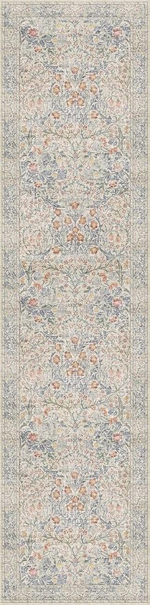 Washable Beige Blue 2x10 Runner Rug for Hallway Kitchen Mudroom, Non-Slip Stain Resistant Extra Long Floor Mat 10 ft - Vintage Floral Aethestic Decor