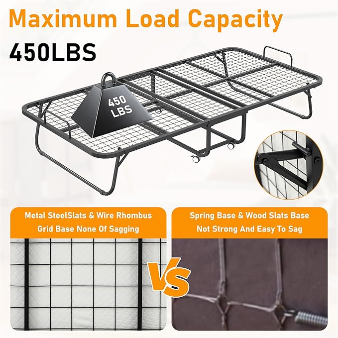 Folding Bed with Mattress, 75" x 38" Twin Size Rollaway Bed on Wheels, Foldable Metal Frame & Storage Pocket, Space-Saving Portable Cot for Adults, Home, Office, Apartment